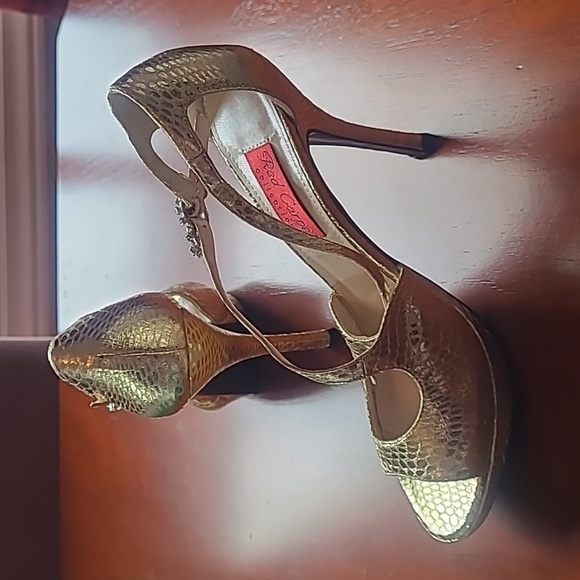 Vintage Metallic Shiny Gold Crystal Peeptoe Platform Red Carpet Heels EUC 7.5 - Picture 2 of 11